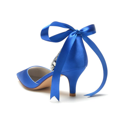 Damen Seidensatin mit Knöchelriemen, Schnürung und Strasssteinen, geschlossene Zehenpartie, Stilettoabsatz, Hochzeitsschuhe