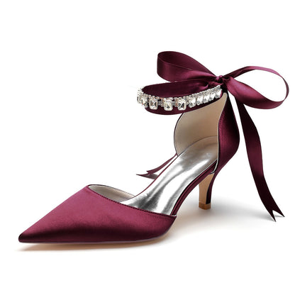 Damen Seidensatin mit Knöchelriemen, Schnürung und Strasssteinen, geschlossene Zehenpartie, Stilettoabsatz, Hochzeitsschuhe