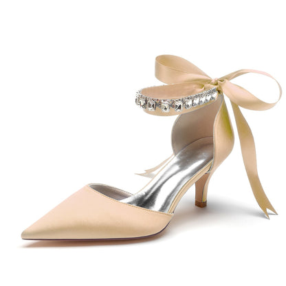 Damen Seidensatin mit Knöchelriemen, Schnürung und Strasssteinen, geschlossene Zehenpartie, Stilettoabsatz, Hochzeitsschuhe
