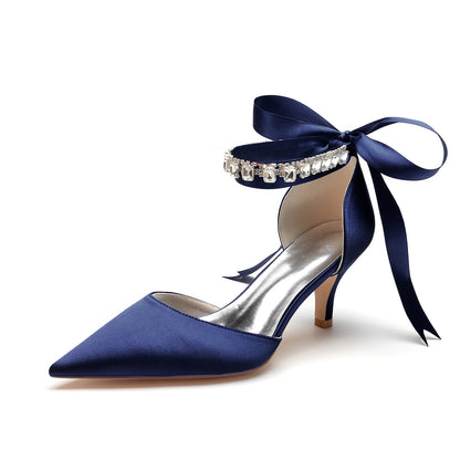Damen Seidensatin mit Knöchelriemen, Schnürung und Strasssteinen, geschlossene Zehenpartie, Stilettoabsatz, Hochzeitsschuhe