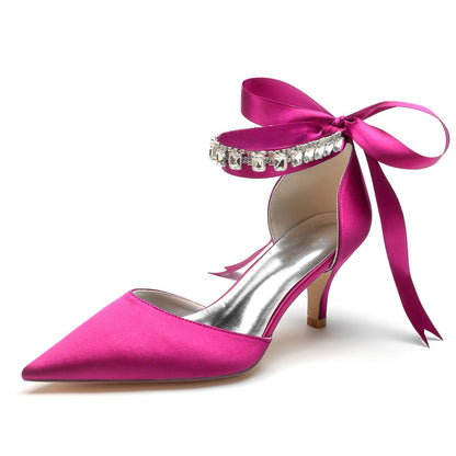 Damen Seidensatin mit Knöchelriemen, Schnürung und Strasssteinen, geschlossene Zehenpartie, Stilettoabsatz, Hochzeitsschuhe
