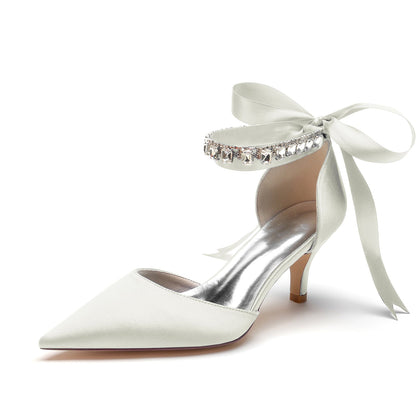 Damen Seidensatin mit Knöchelriemen, Schnürung und Strasssteinen, geschlossene Zehenpartie, Stilettoabsatz, Hochzeitsschuhe
