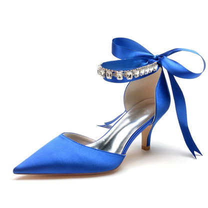 Damen Seidensatin mit Knöchelriemen, Schnürung und Strasssteinen, geschlossene Zehenpartie, Stilettoabsatz, Hochzeitsschuhe