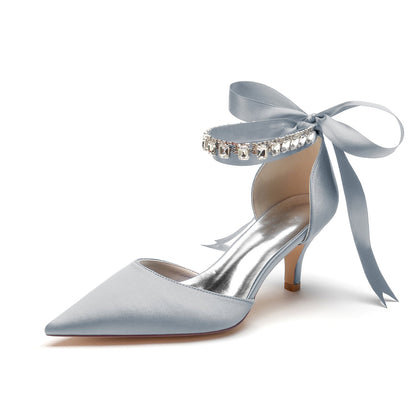 Damen Seidensatin mit Knöchelriemen, Schnürung und Strasssteinen, geschlossene Zehenpartie, Stilettoabsatz, Hochzeitsschuhe