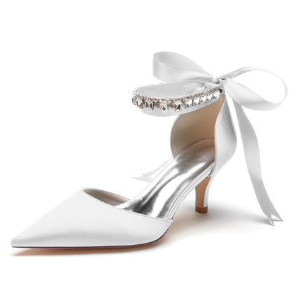 Damen Seidensatin mit Knöchelriemen, Schnürung und Strasssteinen, geschlossene Zehenpartie, Stilettoabsatz, Hochzeitsschuhe