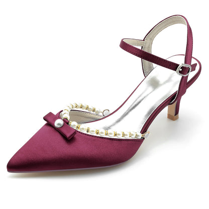 Damen Seidensatin Mit Knöchelriemen Perle Geschlossene Zehen Stiletto Absatz Abendschuhe