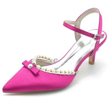 Damen Seidensatin Mit Knöchelriemen Perle Geschlossene Zehen Stiletto Absatz Abendschuhe