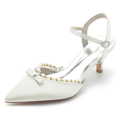 Damen Seidensatin Mit Knöchelriemen Perle Geschlossene Zehen Stiletto Absatz Abendschuhe