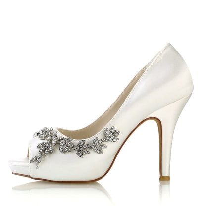 Damen Seidensatin mit Strass Peep Toe Stiletto-Absatz Abendschuhe