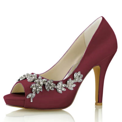 Damen Seidensatin mit Strass Peep Toe Stiletto-Absatz Abendschuhe