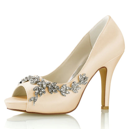 Damen Seidensatin mit Strass Peep Toe Stiletto-Absatz Abendschuhe
