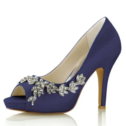 Damen Seidensatin mit Strass Peep Toe Stiletto-Absatz Abendschuhe
