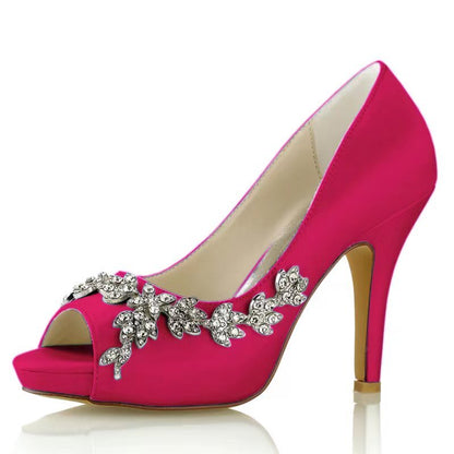 Damen Seidensatin mit Strass Peep Toe Stiletto-Absatz Abendschuhe