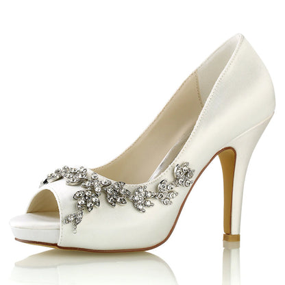 Damen Seidensatin mit Strass Peep Toe Stiletto-Absatz Abendschuhe