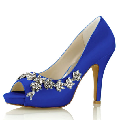 Damen Seidensatin mit Strass Peep Toe Stiletto-Absatz Abendschuhe