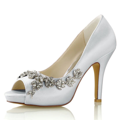 Damen Seidensatin mit Strass Peep Toe Stiletto-Absatz Abendschuhe