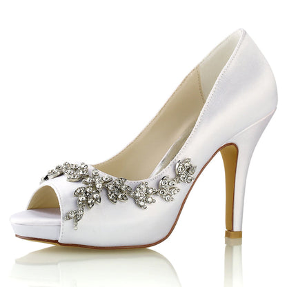 Damen Seidensatin mit Strass Peep Toe Stiletto-Absatz Abendschuhe