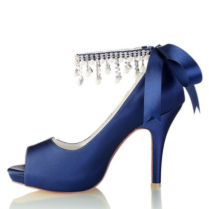 Damen Seidensatin Mit Knöchelriemen Schnürung Quaste Peep Toe Stiletto Absatz Party Schuhe