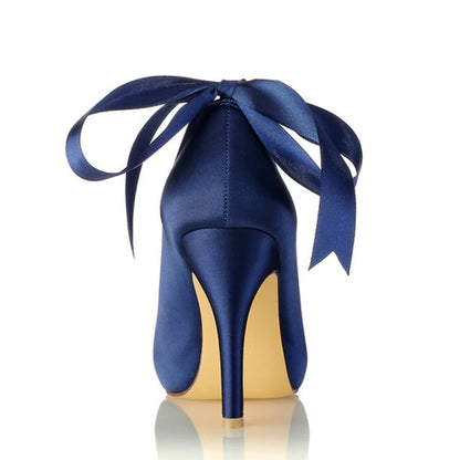 Damen Seidensatin Mit Knöchelriemen Schnürung Quaste Peep Toe Stiletto Absatz Party Schuhe