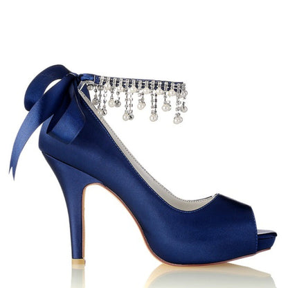 Damen Seidensatin Mit Knöchelriemen Schnürung Quaste Peep Toe Stiletto Absatz Party Schuhe