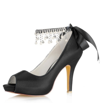 Damen Seidensatin Mit Knöchelriemen Schnürung Quaste Peep Toe Stiletto Absatz Party Schuhe