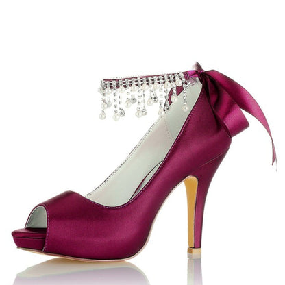 Damen Seidensatin Mit Knöchelriemen Schnürung Quaste Peep Toe Stiletto Absatz Party Schuhe