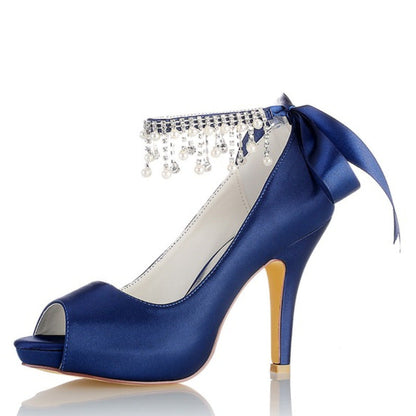 Damen Seidensatin Mit Knöchelriemen Schnürung Quaste Peep Toe Stiletto Absatz Party Schuhe