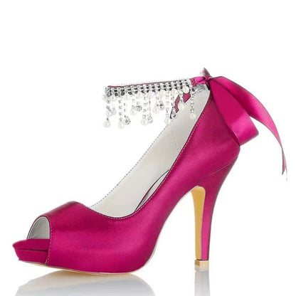 Damen Seidensatin Mit Knöchelriemen Schnürung Quaste Peep Toe Stiletto Absatz Party Schuhe