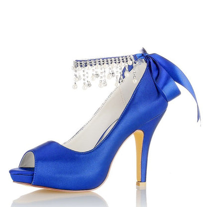 Damen Seidensatin Mit Knöchelriemen Schnürung Quaste Peep Toe Stiletto Absatz Party Schuhe