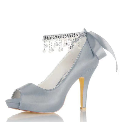 Damen Seidensatin Mit Knöchelriemen Schnürung Quaste Peep Toe Stiletto Absatz Party Schuhe