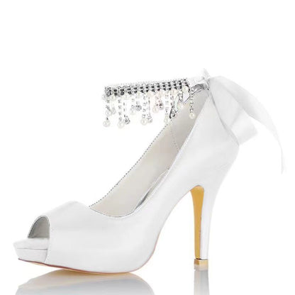 Damen Seidensatin Mit Knöchelriemen Schnürung Quaste Peep Toe Stiletto Absatz Party Schuhe