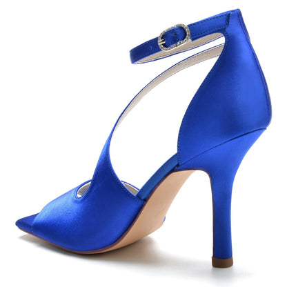 Damen Seidensatin Mit Knöchelriemen Peep Toe Stiletto Absatz Party Schuhe