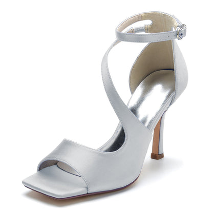 Damen Seidensatin Mit Knöchelriemen Peep Toe Stiletto Absatz Party Schuhe