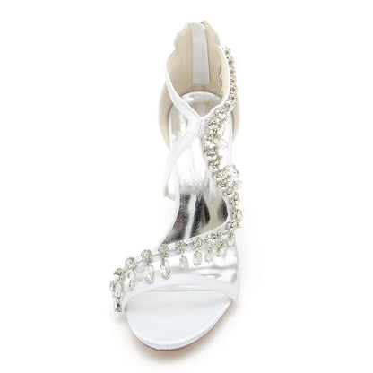 Damen Seidensatin mit Knöchelriemen Strass Quaste Peep Toe Stiletto Absatz Brautschuhe