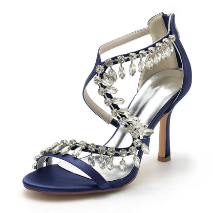 Damen Seidensatin mit Knöchelriemen Strass Quaste Peep Toe Stiletto Absatz Brautschuhe