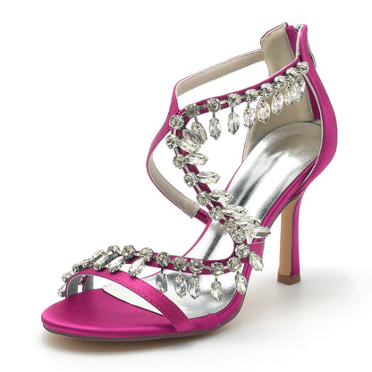 Damen Seidensatin mit Knöchelriemen Strass Quaste Peep Toe Stiletto Absatz Brautschuhe