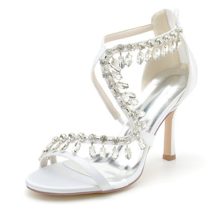 Damen Seidensatin mit Knöchelriemen Strass Quaste Peep Toe Stiletto Absatz Brautschuhe