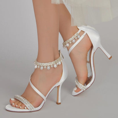 Damen Seidensatin Mit Knöchelriemen Perle Strass Quaste Peep Toe Stiletto Absatz Party Schuhe