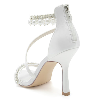 Damen Seidensatin Mit Knöchelriemen Perle Strass Quaste Peep Toe Stiletto Absatz Party Schuhe