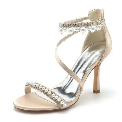 Damen Seidensatin Mit Knöchelriemen Perle Strass Quaste Peep Toe Stiletto Absatz Party Schuhe