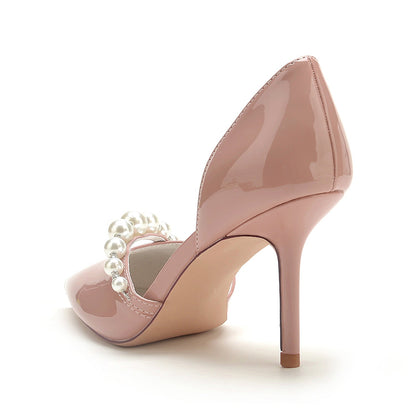 Damen Lackleder Spiegel Finish Perle Geschlossene Zehen Stiletto Absatz Party Schuhe