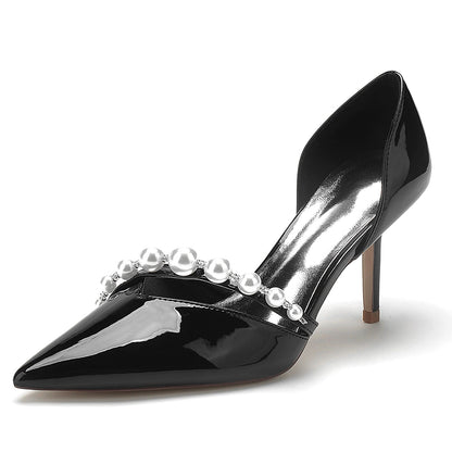 Damen Lackleder Spiegel Finish Perle Geschlossene Zehen Stiletto Absatz Party Schuhe