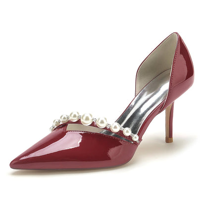 Damen Lackleder Spiegel Finish Perle Geschlossene Zehen Stiletto Absatz Party Schuhe