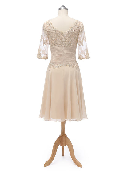 A-Linie/Princess-Linie U-Ausschnitt Halbe Ärmel Chiffon mit Falten Applikation Knielang Brautjungfernkleider