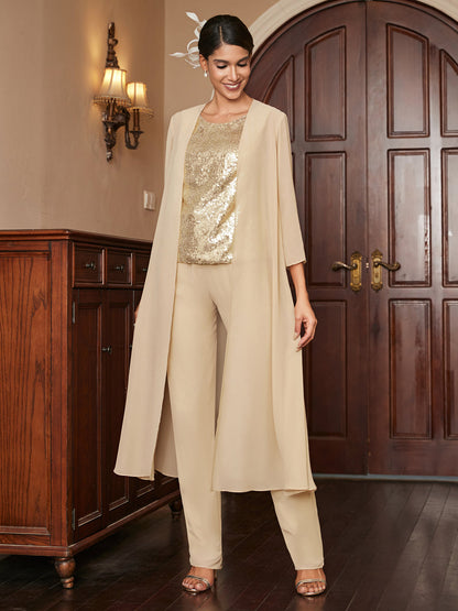 Chiffon Rundhalsausschnitt 3/4 Ärmel 3 Stück Hosenanzüge mit Pailletten & Jacke