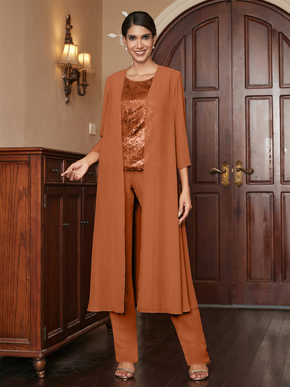 Chiffon Rundhalsausschnitt 3/4 Ärmel 3 Stück Hosenanzüge mit Pailletten & Jacke