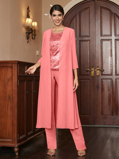 Chiffon Rundhalsausschnitt 3/4 Ärmel 3 Stück Hosenanzüge mit Pailletten & Jacke