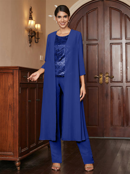 Chiffon Rundhalsausschnitt 3/4 Ärmel 3 Stück Hosenanzüge mit Pailletten & Jacke