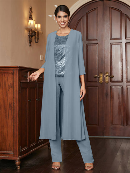 Chiffon Rundhalsausschnitt 3/4 Ärmel 3 Stück Hosenanzüge mit Pailletten & Jacke