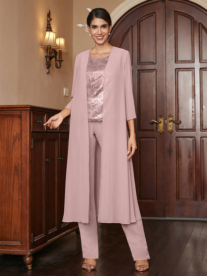 Chiffon Rundhalsausschnitt 3/4 Ärmel 3 Stück Hosenanzüge mit Pailletten & Jacke